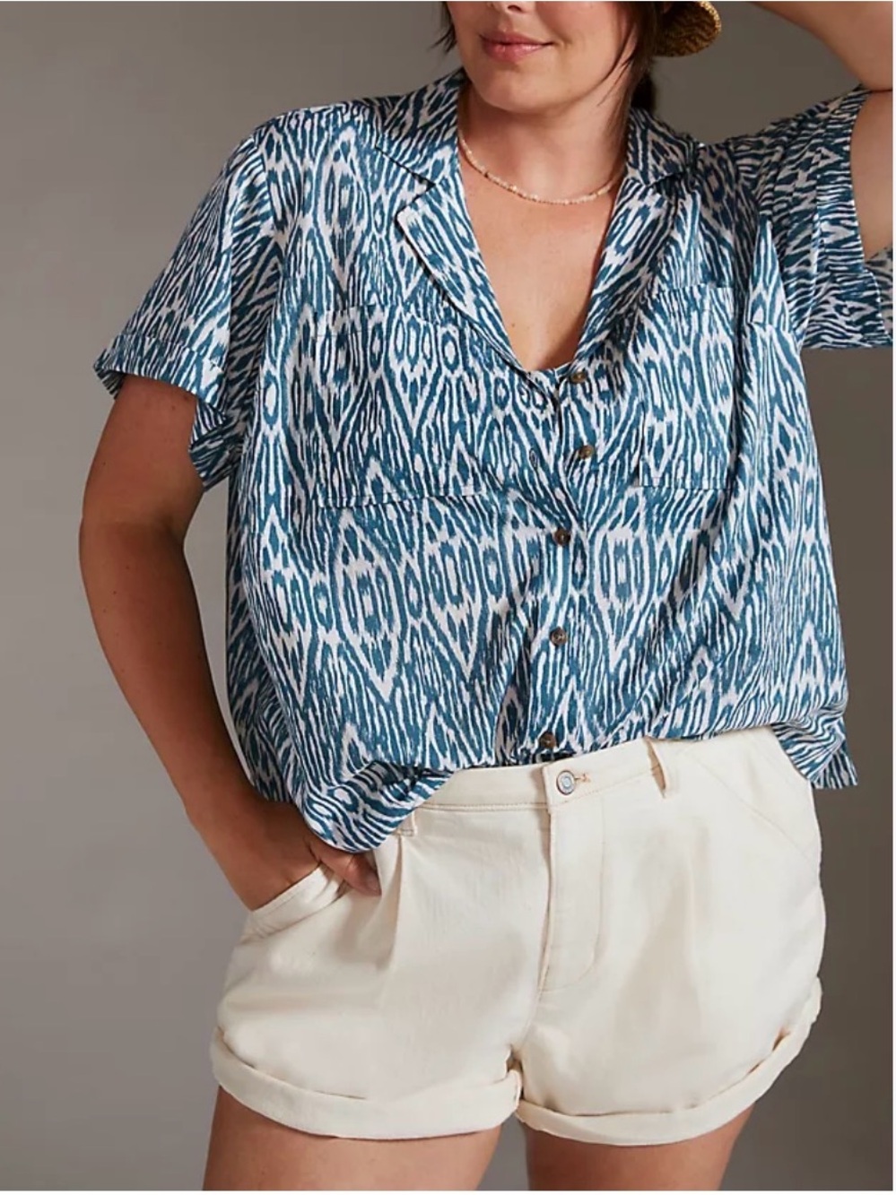 Anthropologie Pilcro Blue Printed Voile Surf Shirt XL Boho Preppy Camp Top Retro
